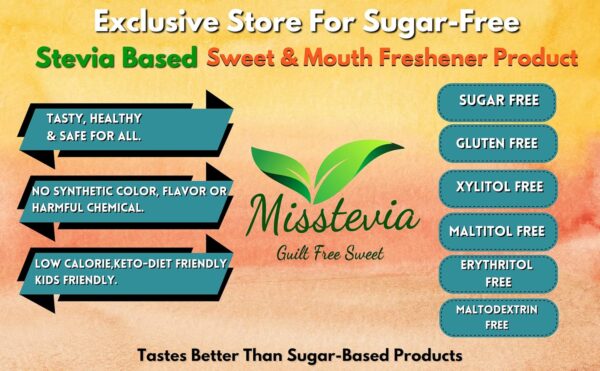 Misstevia Sugar Free Sweets Gift Box | 250gm Sugar Free Sweets and Sugar Free Mouth Freshener| Stevia Sweetened Kaju burfi Badam Malai Peda Kesar Malai Peda Kaju Almond Laddu Mango Malai Sandesh Dryfruit Coconut Laddu 250gm Sweets | Green Mango Goli 110g | Sweet Saunf 50g |Gift Hamper for any occasion - Image 8