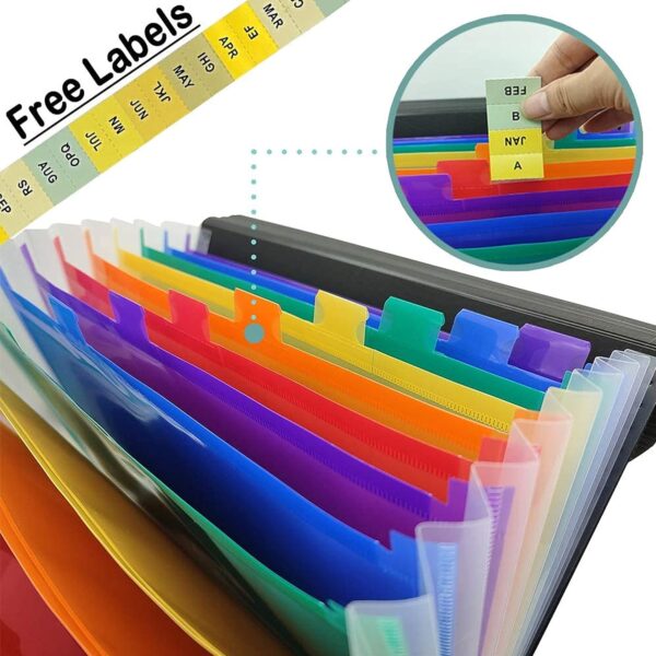 NISUN 24 Pockets File Organizer, A4/Letter Size Portable Accordion Folder, Expanding File Folder, Document Organizer, Adjustable Buckle Folder with Labels for School, Home & Office-Black (33 * 24cm) - Image 7
