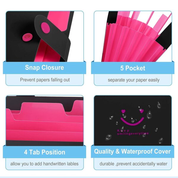NISUN 5 Pockets File Organizer, Expanding File Folder, Accordion Document Organizer, Adjustable Buckle Folder, A4 Portable Accordion Paper/Bill/Receipt Bag - Black - Image 4