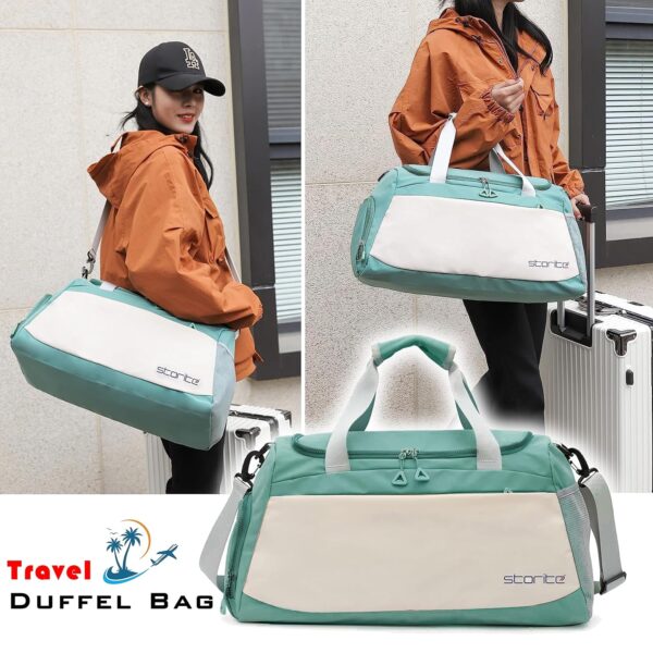 Storite Nylon 51 cms Imported Travel Duffle Bag Multi- Pocket Sports Shoulder Bag for Women with Wet Pocket & Shoe Compartment Weekender Overnight Travel Luggage Bag (Green/White - 51x22x28 Cm) - Image 9