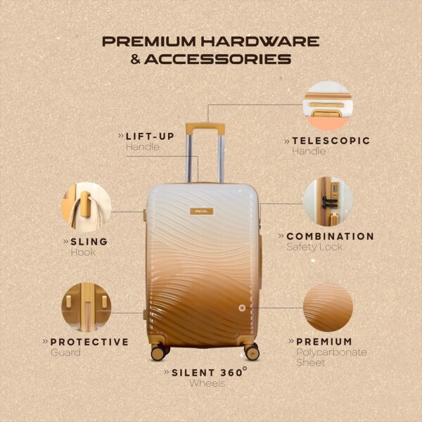 Dunes Polycarbonate Trolley Bag Set - Cabin (50 cm) + Check-in (66 cm) | Hard Shell 8 Spinner Wheels | Lightweight & Durable Luggage | 360° Spinner | Water Repellent | Desert Sand - Image 3