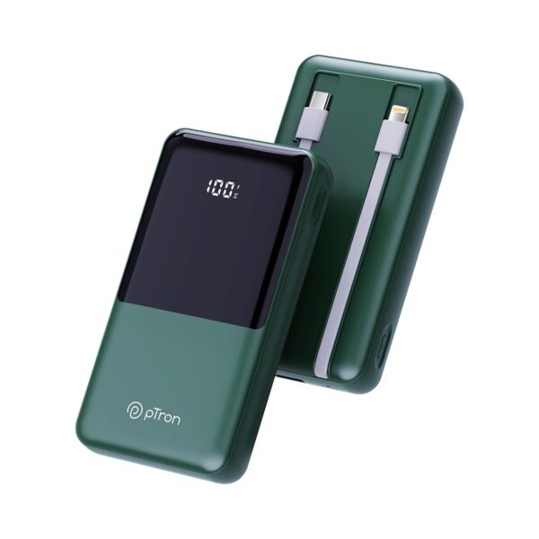pTron Dynamo Power 20000mAh 22.5W Super Fast Charging, USB Type-C Input Power Bank with Quick Charge & 20W Power Delivery, Built-in Charging Cables, 4 Outputs, Type-C Input/Output Port (Green) - Image 2