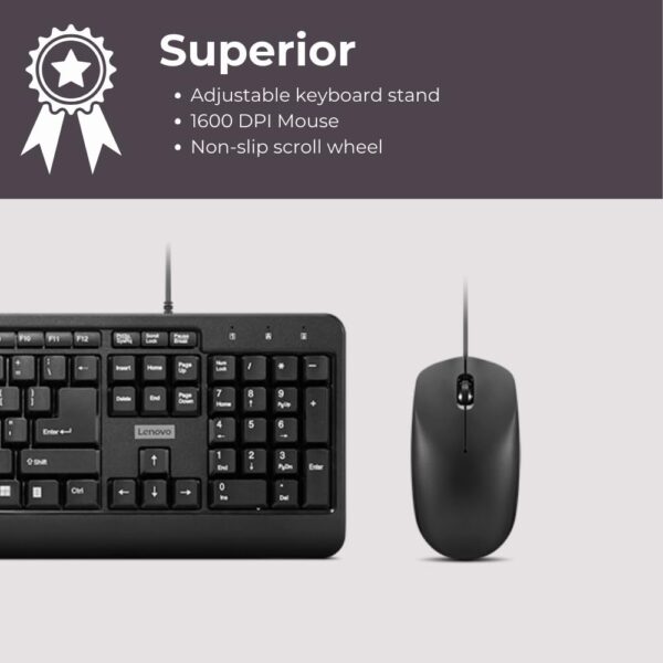 Lenovo 160 Keyboard & Mouse Wired Combo | Waterproof Exoskeleton | Splash Proof Keys | 1600 DPI Full Size Mouse | Non-Slip Scroll Wheel | Adjustable Keyboard Stand | 3 Yr Warranty - Image 4