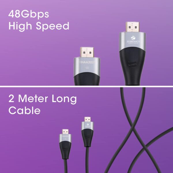ZEBRONICS HAA2021 HDMI Cable 2.1 with eARC & CEC, 8K @ 60Hz, 4K @ 120Hz, UHD Resolution, 2 Mtr (6.6ft), 48 Gbps Transmission, Ultra High Speed, Supports Dolby | DTS | 3D, Gold Plated, Male-to-Male - Image 5
