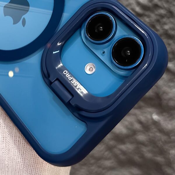 LuxuryKase Mag-Safe Shockproof Case for iPhone 16 Plus with Rotating Camera Guard Stand | Military Grade Drop Protection | Transparent Hard Back Cover with Wireless Charging - Blue - Image 7