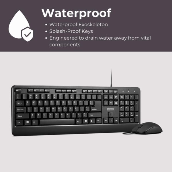 Lenovo 160 Keyboard & Mouse Wired Combo | Waterproof Exoskeleton | Splash Proof Keys | 1600 DPI Full Size Mouse | Non-Slip Scroll Wheel | Adjustable Keyboard Stand | 3 Yr Warranty - Image 3