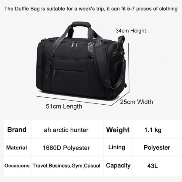 Arctic Hunter Travel Duffle Bag for Men 40L Foldable Hand Bag with Shoes Compartment 1680D Polyester Water/Wear Resistant Cabin Duffel Bag with Multiple Pockets for Weekend Travel Office, Black - Image 9