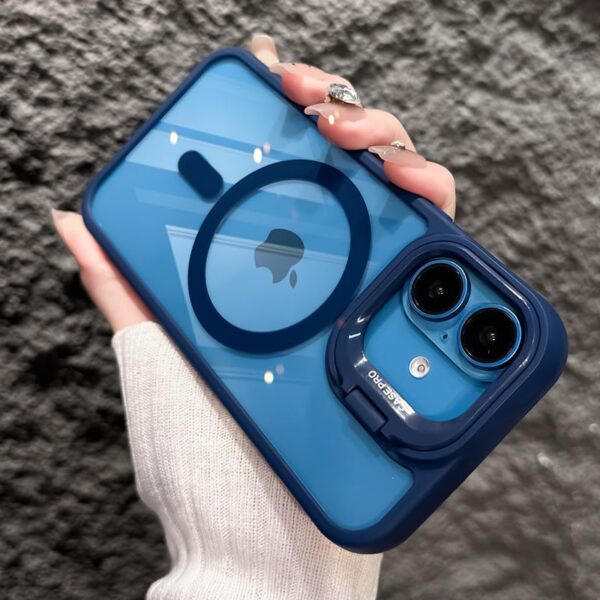 LuxuryKase Mag-Safe Shockproof Case for iPhone 16 Plus with Rotating Camera Guard Stand | Military Grade Drop Protection | Transparent Hard Back Cover with Wireless Charging - Blue - Image 2