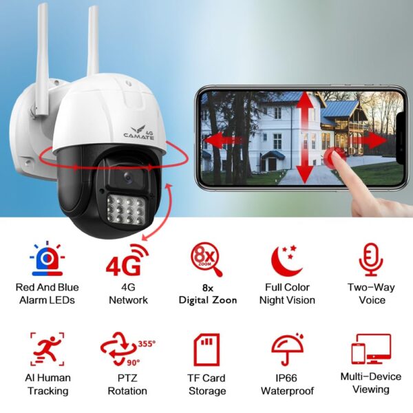 Camate Eclipse 4G Sim Based 3MP Wireless Outdoor Smart CCTV Camera, Pan & Tilt, Two-Way Talk, Coloured Night Vision, Motion Detection & Tracking, Alarm, Upto 256GB Micro SD Support - Image 3