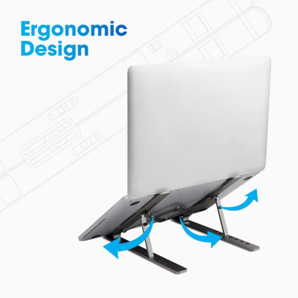 ZEBRONICS Aluminium Alloy Laptop Stand, Compatible with 9-15.6 inch Laptops, 7 Angles Adjustable Tabletop, Anti Slip Silicon Rubber Pads, Foldable, Velvet Pouch Inside, Zeb-NS2000 (Dark Grey) - Image 3