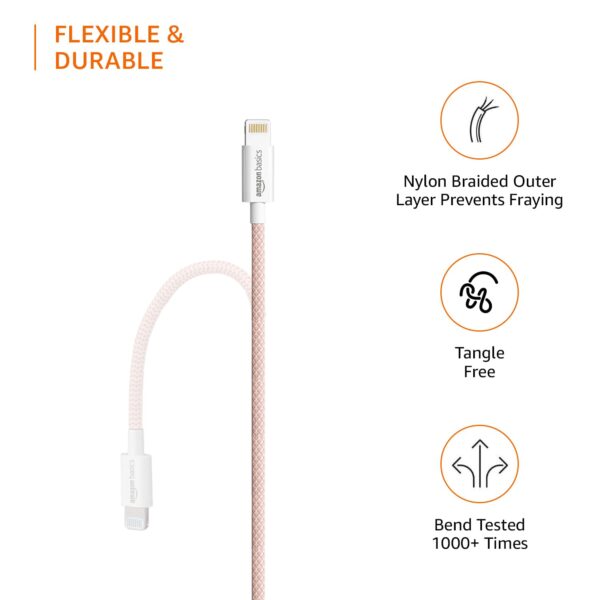 amazon basics Nylon Braided USB-A to Lightning Cable Cord, MFi Certified Charger for Apple iPhone 14, 13, 12,11, X, 8, 7, 6, 5, iPad Air, Pro, Mini, iPad | Salmon Pink, 1.02 meter - Image 4