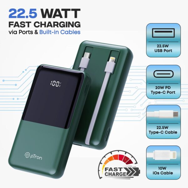 pTron Dynamo Power 20000mAh 22.5W Super Fast Charging, USB Type-C Input Power Bank with Quick Charge & 20W Power Delivery, Built-in Charging Cables, 4 Outputs, Type-C Input/Output Port (Green) - Image 4