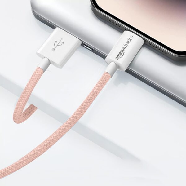amazon basics Nylon Braided USB-A to Lightning Cable Cord, MFi Certified Charger for Apple iPhone 14, 13, 12,11, X, 8, 7, 6, 5, iPad Air, Pro, Mini, iPad | Salmon Pink, 1.02 meter - Image 6
