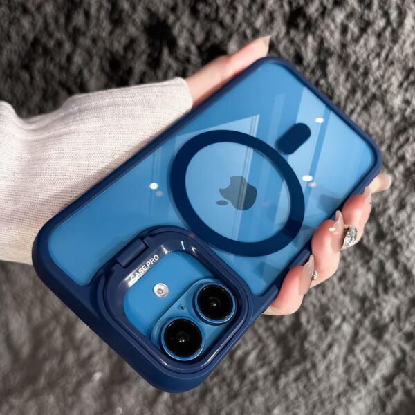 LuxuryKase Mag-Safe Shockproof Case for iPhone 16 Plus with Rotating Camera Guard Stand | Military Grade Drop Protection | Transparent Hard Back Cover with Wireless Charging - Blue - Image 6
