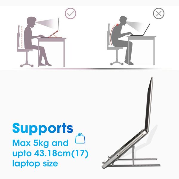 ZEBRONICS Aluminium Alloy Laptop Stand, Compatible with 9-15.6 inch Laptops, 7 Angles Adjustable Tabletop, Anti Slip Silicon Rubber Pads, Foldable, Velvet Pouch Inside, Zeb-NS2000 (Dark Grey) - Image 5