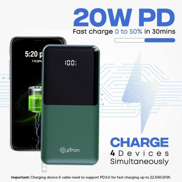 pTron Dynamo Power 20000mAh 22.5W Super Fast Charging, USB Type-C Input Power Bank with Quick Charge & 20W Power Delivery, Built-in Charging Cables, 4 Outputs, Type-C Input/Output Port (Green) - Image 5
