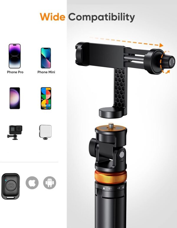Celfiexpt Long Selfie Stick Tripod with Bluetooth Remote Multiple Mount Tripod Stand for iPhone Camera Gopro 62" Sturdy Mobile Tripod for Vlogging Travel Photography - Image 5
