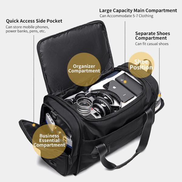 Arctic Hunter Travel Duffle Bag for Men 40L Foldable Hand Bag with Shoes Compartment 1680D Polyester Water/Wear Resistant Cabin Duffel Bag with Multiple Pockets for Weekend Travel Office, Black - Image 3