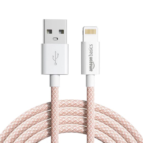 amazon basics Nylon Braided USB-A to Lightning Cable Cord, MFi Certified Charger for Apple iPhone 14, 13, 12,11, X, 8, 7, 6, 5, iPad Air, Pro, Mini, iPad | Salmon Pink, 1.02 meter - Image 2