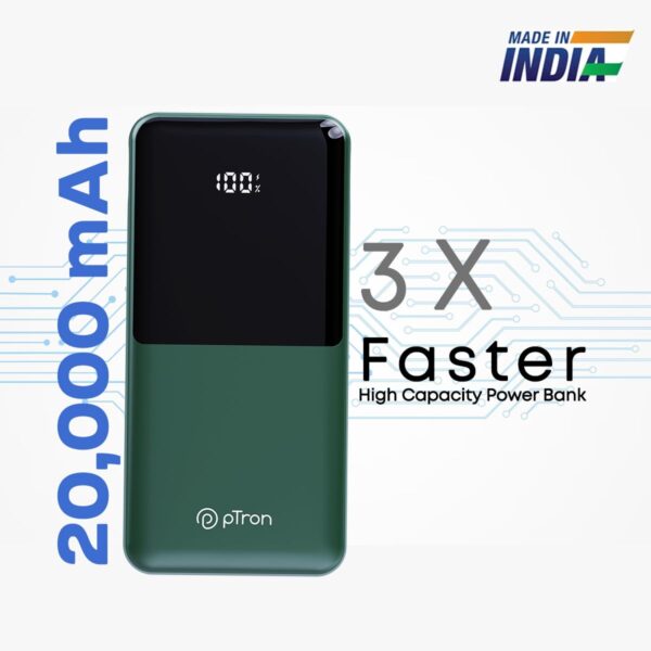 pTron Dynamo Power 20000mAh 22.5W Super Fast Charging, USB Type-C Input Power Bank with Quick Charge & 20W Power Delivery, Built-in Charging Cables, 4 Outputs, Type-C Input/Output Port (Green) - Image 3