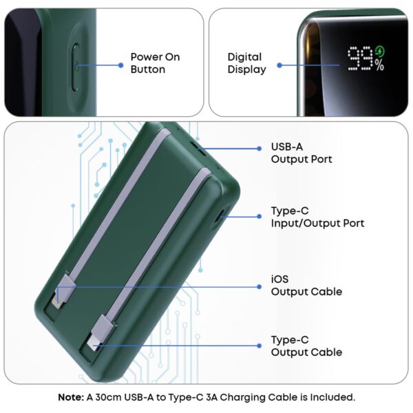 pTron Dynamo Power 20000mAh 22.5W Super Fast Charging, USB Type-C Input Power Bank with Quick Charge & 20W Power Delivery, Built-in Charging Cables, 4 Outputs, Type-C Input/Output Port (Green) - Image 9