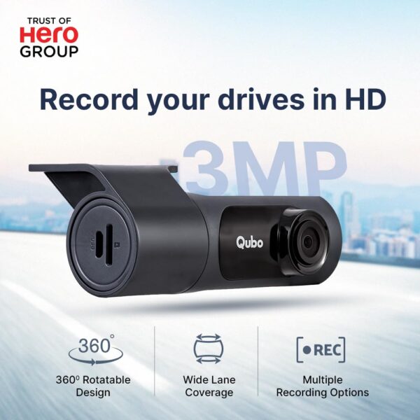 Qubo Car Dash Camera Pro X 3MP 1296p from Hero Group | Made in India | Super Capacitor| Wide Angle View | Emergency Recording | SD Card Upto 1TB Supported | Easy DIY Set Up | (Space Grey) - Image 3
