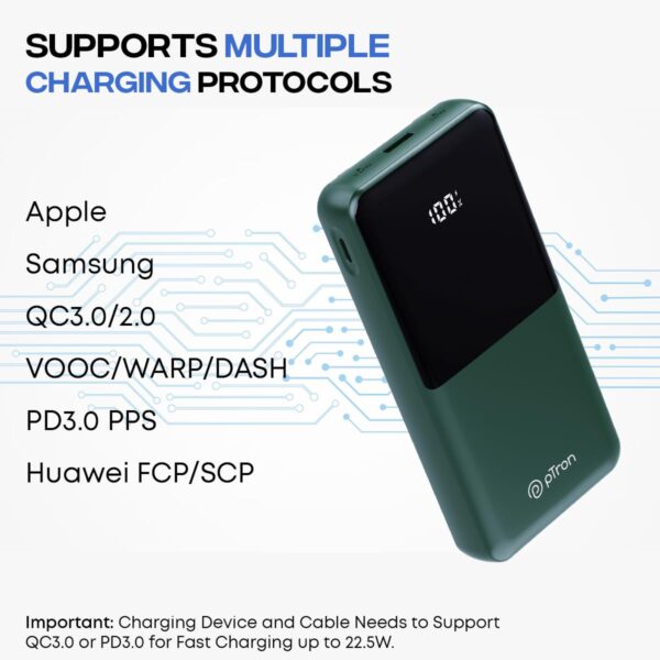 pTron Dynamo Power 20000mAh 22.5W Super Fast Charging, USB Type-C Input Power Bank with Quick Charge & 20W Power Delivery, Built-in Charging Cables, 4 Outputs, Type-C Input/Output Port (Green) - Image 6