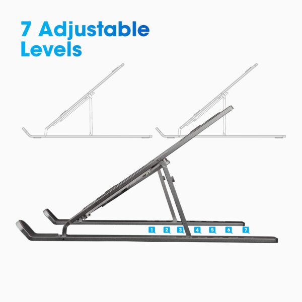 ZEBRONICS Aluminium Alloy Laptop Stand, Compatible with 9-15.6 inch Laptops, 7 Angles Adjustable Tabletop, Anti Slip Silicon Rubber Pads, Foldable, Velvet Pouch Inside, Zeb-NS2000 (Dark Grey) - Image 4