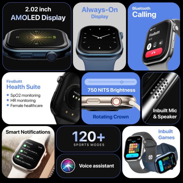 Fire-Boltt Brillia Smart Watch with 51.3mm (2.02 inch) AMOLED Display, Bluetooth Calling, SpO2, Heart Rate Monitoring, 120+ Sports Modes (Brillia, Beige) - Image 4
