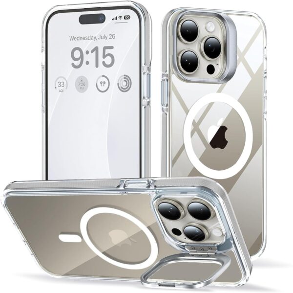 Elzzi Classic Series iPhone 15 Pro Case Compatible with MagSafe Built-in Camera Stand Phone Cover Transparent Military-Grade Protective Drop Protection Non Yellowing Hard PC +TPU, Natural Titanium - Image 3