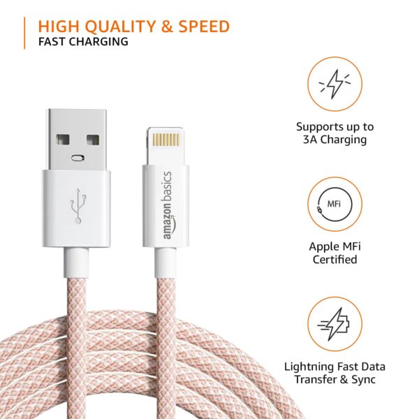 amazon basics Nylon Braided USB-A to Lightning Cable Cord, MFi Certified Charger for Apple iPhone 14, 13, 12,11, X, 8, 7, 6, 5, iPad Air, Pro, Mini, iPad | Salmon Pink, 1.02 meter - Image 3