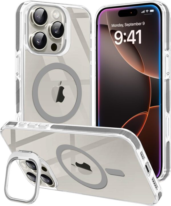 Elzzi Classic Series iPhone 15 Pro Case Compatible with MagSafe Built-in Camera Stand Phone Cover Transparent Military-Grade Protective Drop Protection Non Yellowing Hard PC +TPU, Natural Titanium - Image 2