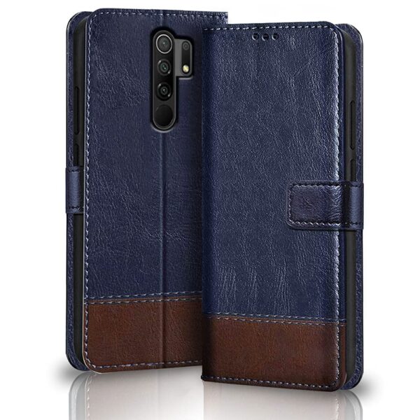 TheGiftKart Flip Back Cover Case for Redmi 9 Prime/Poco M2 | Dual-Color Leather Finish | Inbuilt Stand & Pockets | Wallet Style Flip Back Case Cover for Redmi 9 Prime/Poco M2 (Blue & Brown) - Image 2