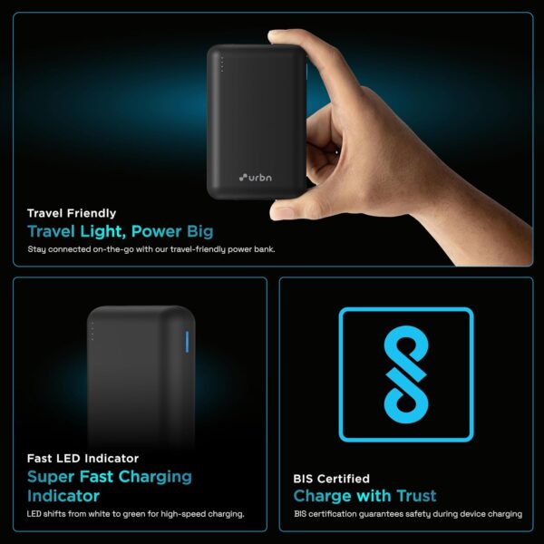 URBN 20000 mAh Premium Black Edition Nano Power Bank | 22.5W Super Fast Charging | Pocket Size| Dual Type C Power Delivery (PD) Output + 1 USB Output for Quick Charge | Two-Way Fast Charge (Black) - Image 10