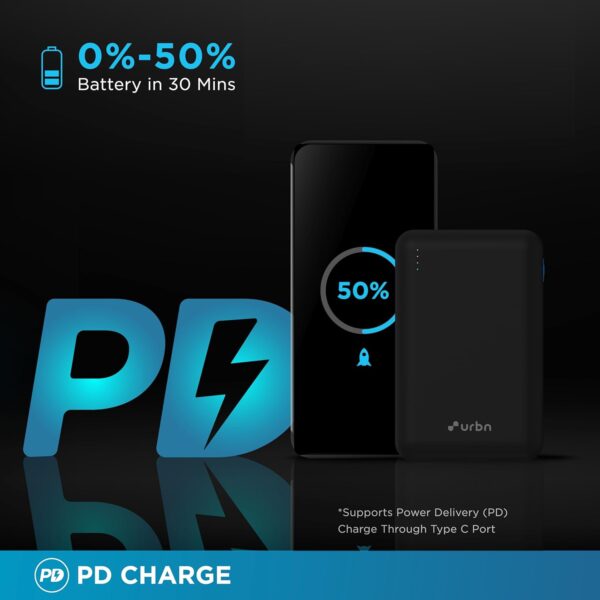 URBN 20000 mAh Premium Black Edition Nano Power Bank | 22.5W Super Fast Charging | Pocket Size| Dual Type C Power Delivery (PD) Output + 1 USB Output for Quick Charge | Two-Way Fast Charge (Black) - Image 4