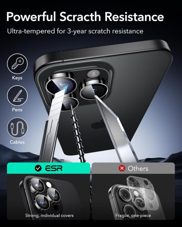 ESR Camera Lens Protectors for iPhone 16 Pro Max/16 Pro/15 Pro Max/15 Pro/14 Pro Max/14 Pro, Tough HD Individual Protectors, Scratch Resistant, Thin Tempered Glass, Armorite Series, 1 Pack, Black - Image 8