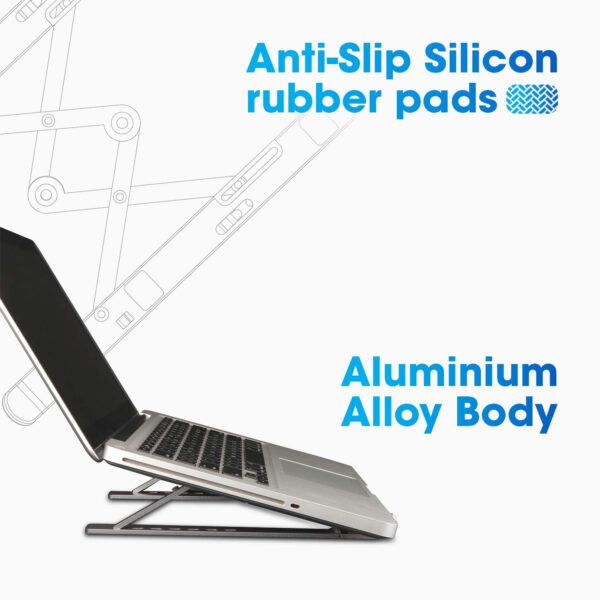 ZEBRONICS Aluminium Alloy Laptop Stand, Compatible with 9-15.6 inch Laptops, 7 Angles Adjustable Tabletop, Anti Slip Silicon Rubber Pads, Foldable, Velvet Pouch Inside, Zeb-NS2000 (Dark Grey) - Image 8