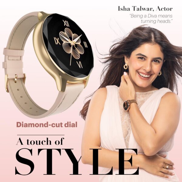 Noise Diva Smartwatch with Diamond Cut dial, Glossy Metallic Finish, AMOLED Display, Mesh Metal and Leather Strap Options, 100+ Watch Faces, Female Cycle Tracker Smart Watch for Women (Gold Link) - Image 4