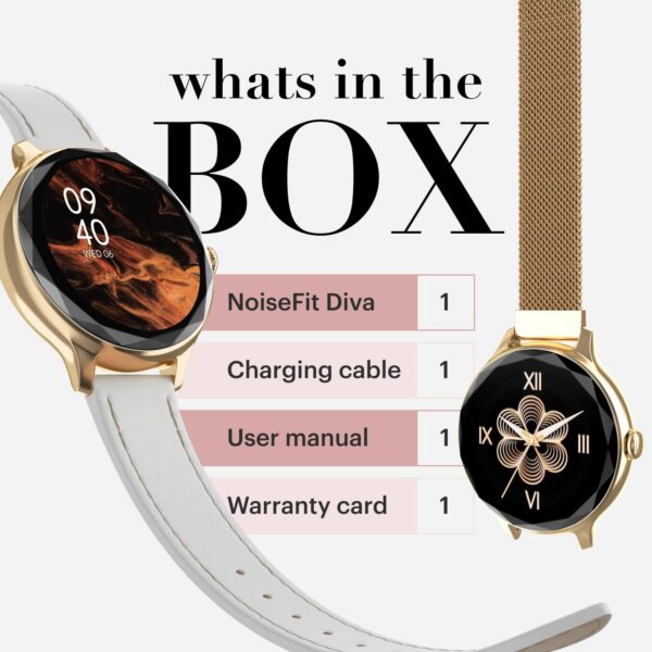 Noise Diva Smartwatch with Diamond Cut dial, Glossy Metallic Finish, AMOLED Display, Mesh Metal and Leather Strap Options, 100+ Watch Faces, Female Cycle Tracker Smart Watch for Women (Gold Link) - Image 10