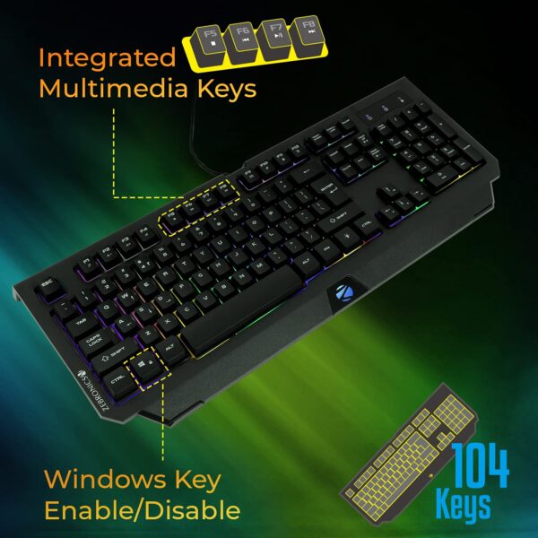 Zebronics Zeb-Transformer K2 Gaming Keyboard, 104 Keys, Multicolor LED Laser Keycaps (Gold Plated USB Connector, Braided Cable) - Image 6