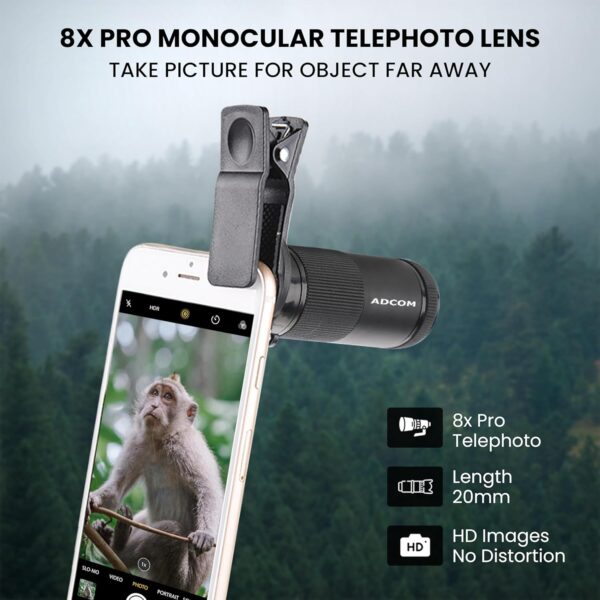 Adcom 8X Pro Monocular Telephoto Zoom Mobile Phone Camera Lens - Compatible with All iPhone & Android Smartphones (Black) - Image 4