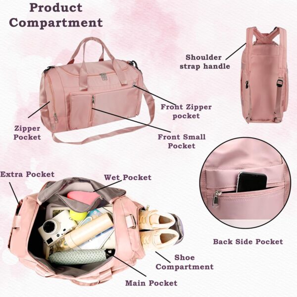 Storite Nylon 52 Cm Multi Purpose Travel Duffle Bag for Women with Dry and Wet Separate Pocket, Lightweight Waterproof Backpack Carry Luggage Bag with Shoe Compartment (Pink, 52 x 23 x 25 cm) - Image 5