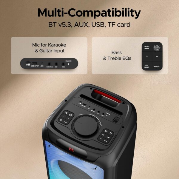 Boat Partypal 390 Speaker with 160 W Boat Signature Sound, Karaoke with 2 Mics Input, Up to 6 hrs Playtime, EQ Modes, TWS Mode, Bluetooth v5.3, AUX Port, & USB Type-C Port(Space Black) - Image 7