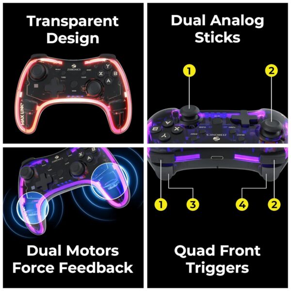 ZEBRONICS MAX LINK + Wireless Gamepad, Dual motors Haptic feedback, Built-in rechargeable battery, RGB light, Plug & play, Supports (Windows | Android | PS3 | PS4 | XBOX 360) - Image 8