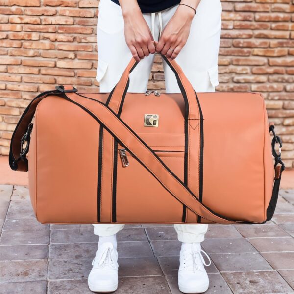 Kuber Industries Premium Leather Duffle Bags for Travel for Women & Men | Spacious Cabin Bag with Detachable Shoulder Strap | Water Resistant Luggage Bag for Travelling & Tour | Brown - Image 5